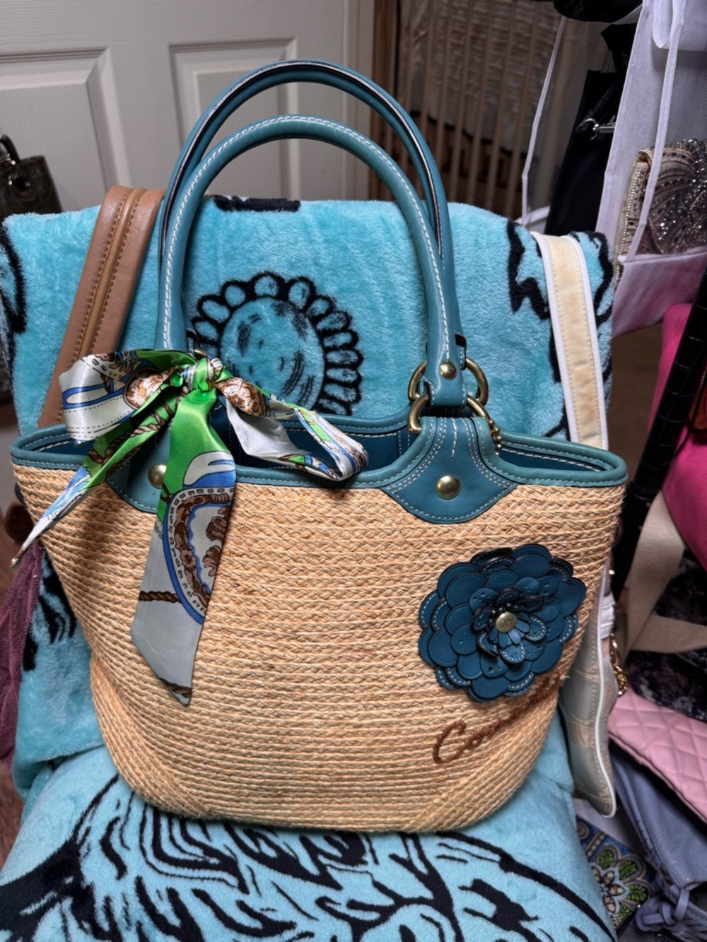 Coach Bleeker Straw Tote with Teal Trim and Floral Applique